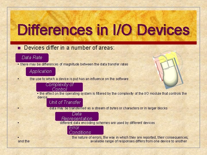 Differences in I/O Devices n Devices differ in a number of areas: Data Rate