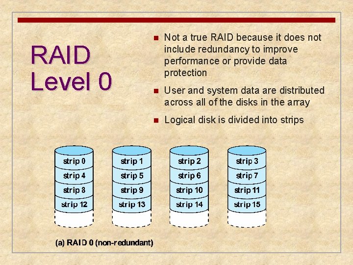 RAID Level 0 n Not a true RAID because it does not include redundancy