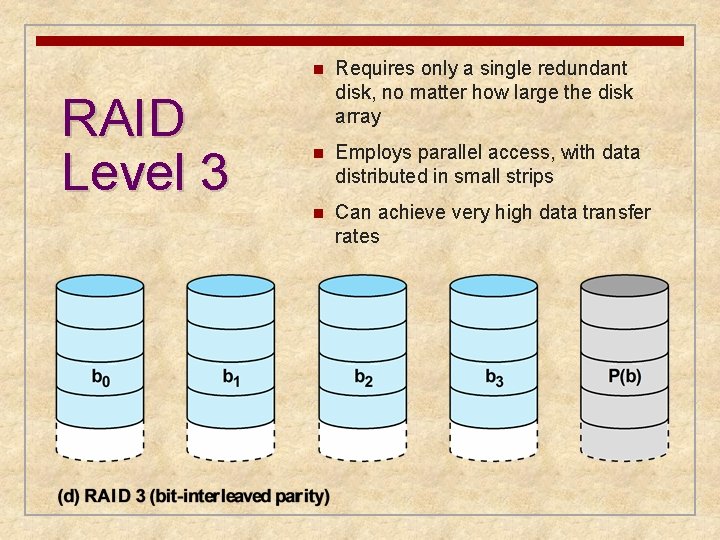 RAID Level 3 n Requires only a single redundant disk, no matter how large