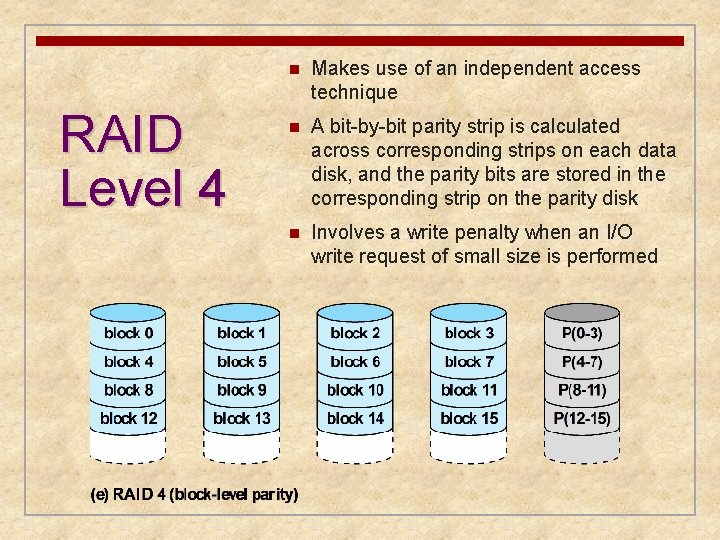 RAID Level 4 n Makes use of an independent access technique n A bit-by-bit