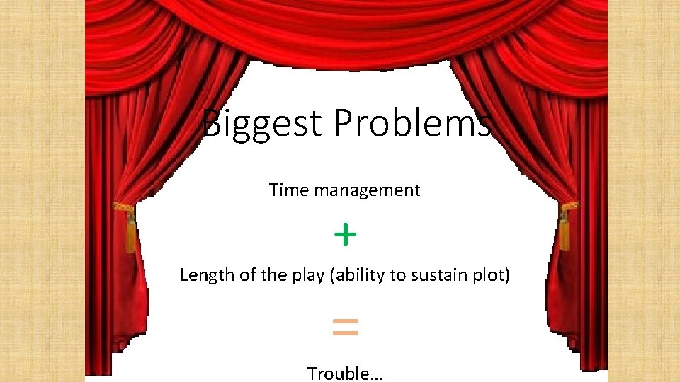 Biggest Problems Time management + Length of the play (ability to sustain plot) =