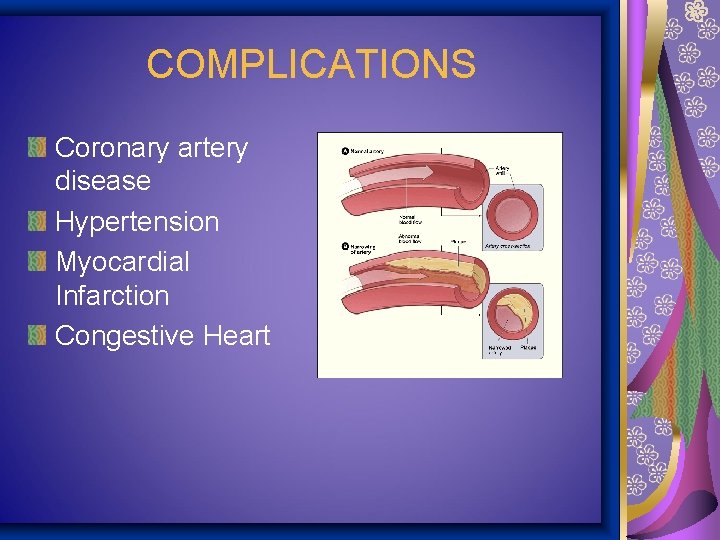 COMPLICATIONS Coronary artery disease Hypertension Myocardial Infarction Congestive Heart 