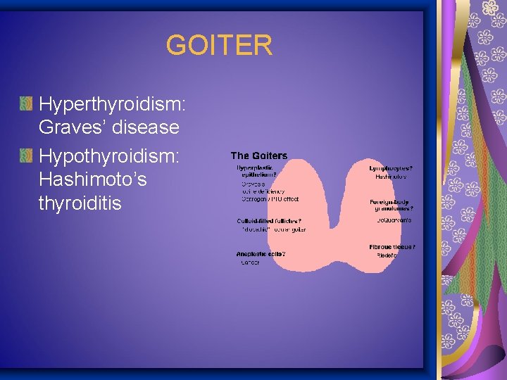 GOITER Hyperthyroidism: Graves’ disease Hypothyroidism: Hashimoto’s thyroiditis 