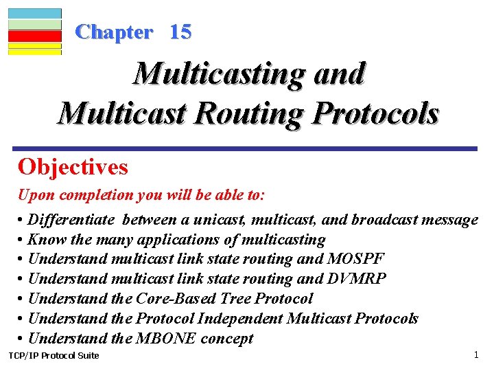 Chapter 15 Multicasting and Multicast Routing Protocols Objectives Upon completion you will be able