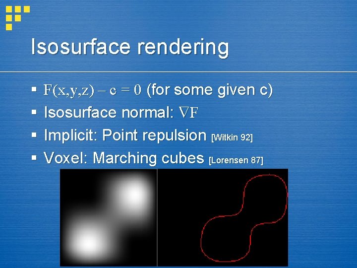 Isosurface rendering § § F(x, y, z) – c = 0 (for some given