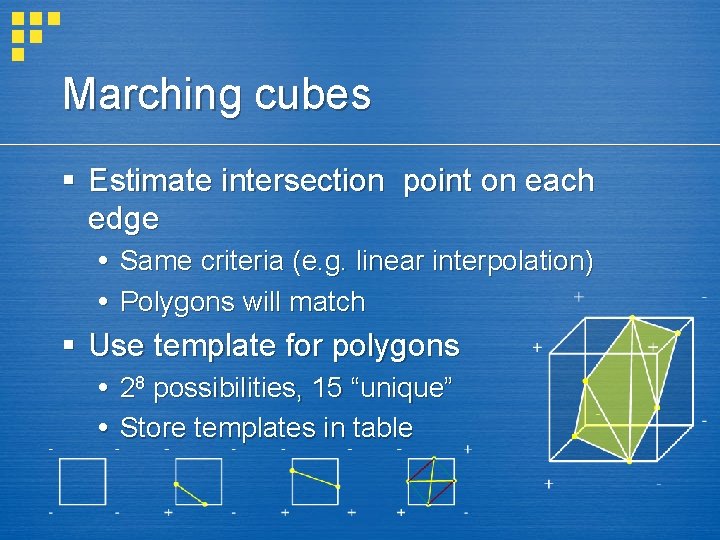 Marching cubes § Estimate intersection point on each edge Same criteria (e. g. linear