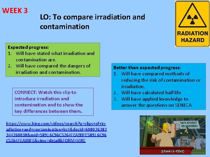 WEEK 3 LO: To compare irradiation and contamination Expected progress: 1. Will have stated