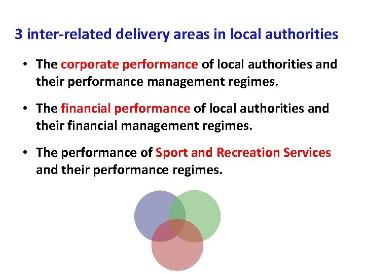 3 inter-related delivery areas in local authorities • The corporate performance of local authorities