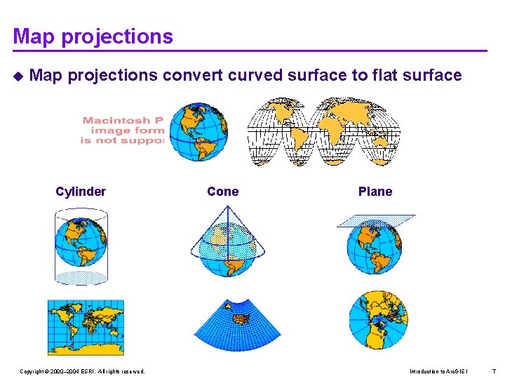 Map projections u Map projections convert curved surface to flat surface Cylinder Copyright ©