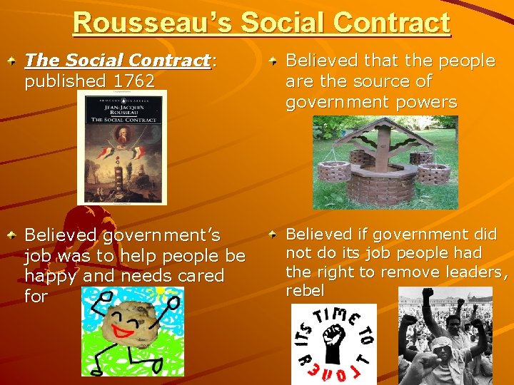 Rousseau’s Social Contract The Social Contract: published 1762 Believed that the people are the