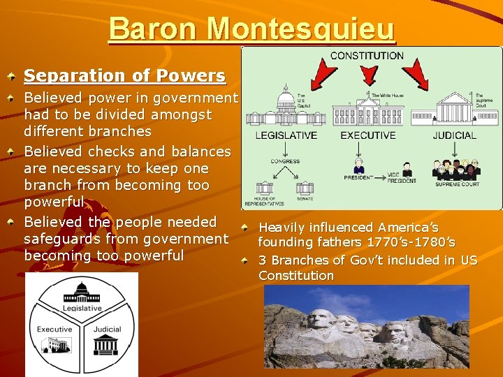 Baron Montesquieu Separation of Powers Believed power in government had to be divided amongst