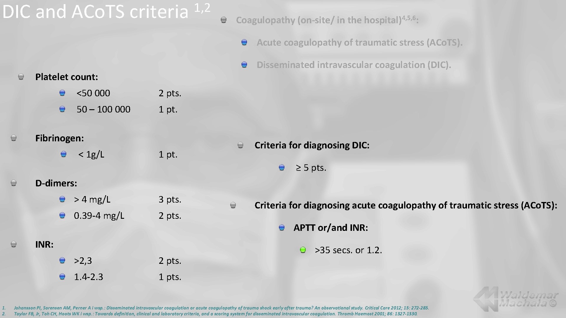 DIC and ACo. TS criteria 1, 2 Coagulopathy (on-site/ in the hospital)4, 5, 6: