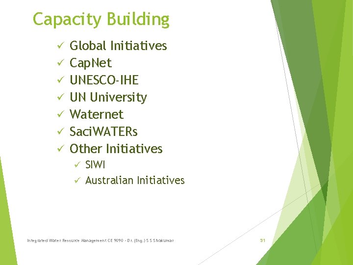 Capacity Building ü ü ü ü Global Initiatives Cap. Net UNESCO-IHE UN University Waternet