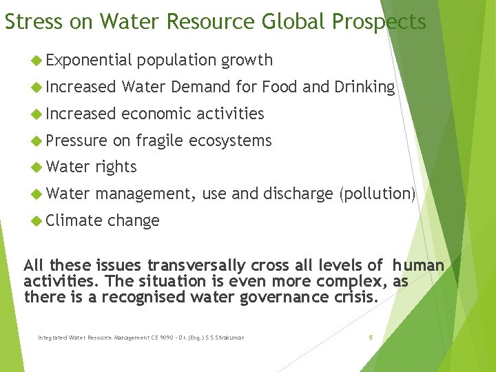 Stress on Water Resource Global Prospects Exponential population growth Increased Water Demand for Food