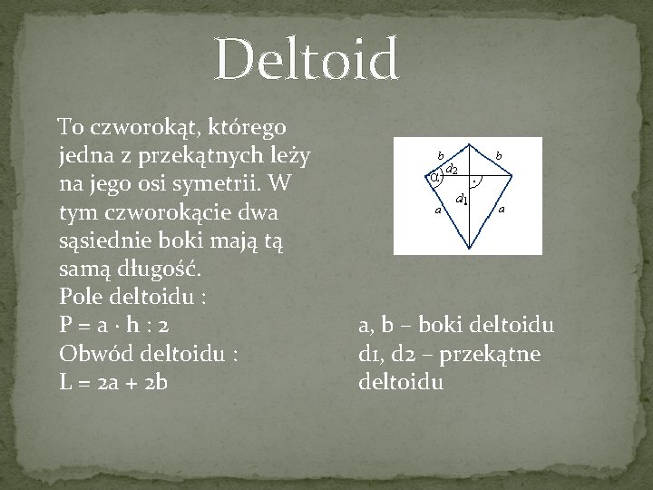 Deltoid To czworokąt, którego jedna z przekątnych leży na jego osi symetrii. W tym