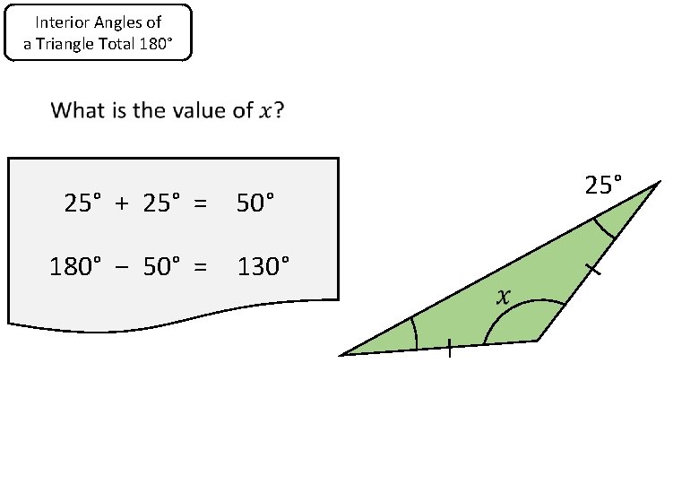 Interior Angles of a Triangle Total 180° 25° + 25° = 50° 180° −