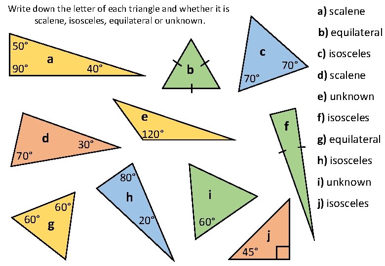 Write down the letter of each triangle and whether it is scalene, isosceles, equilateral