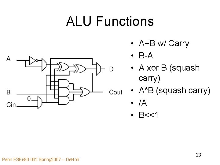 ALU Functions • A+B w/ Carry • B-A • A xor B (squash carry)