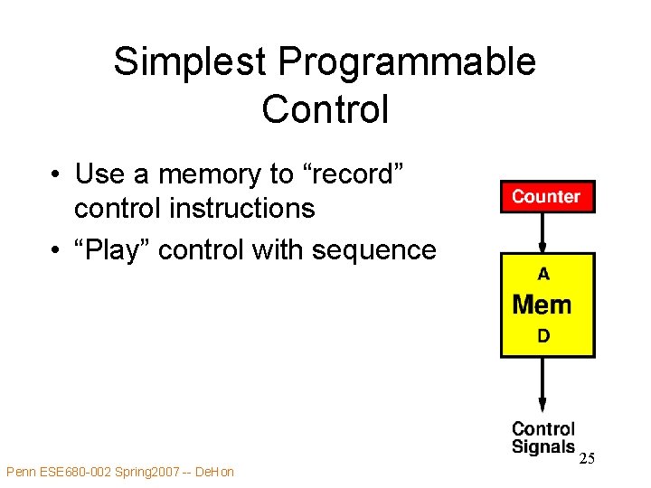 Simplest Programmable Control • Use a memory to “record” control instructions • “Play” control