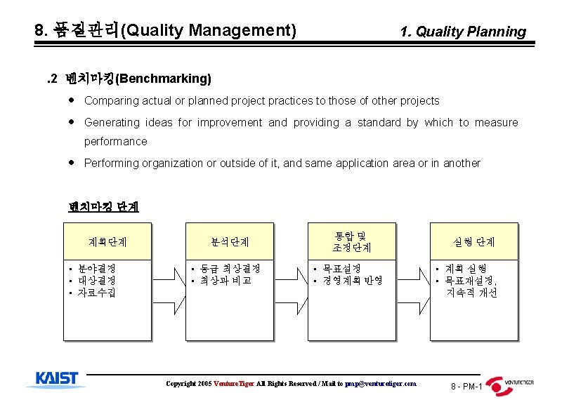 8. 품질관리(Quality Management) 1. Quality Planning . 2 벤치마킹(Benchmarking) Comparing actual or planned project