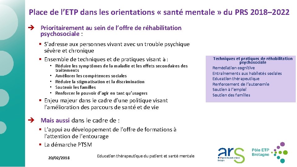 Place de l’ETP dans les orientations « santé mentale » du PRS 2018– 2022