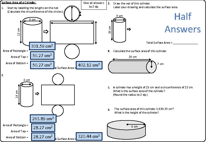 Surface Area of a Cylinder 1. Start by labelling the lengths on the net.