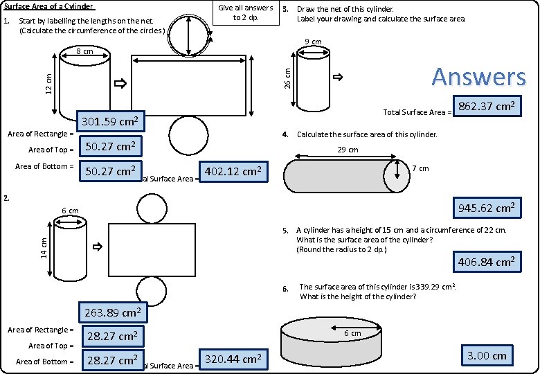 Surface Area of a Cylinder 1. Start by labelling the lengths on the net.