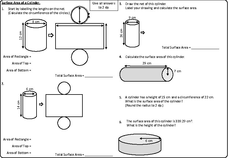 Surface Area of a Cylinder 1. Start by labelling the lengths on the net.