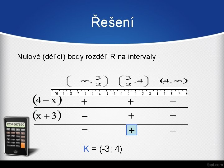 Řešení Nulové (dělící) body rozdělí R na intervaly K = (-3; 4) 