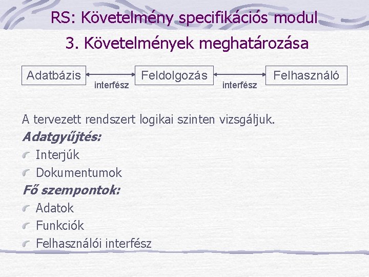 RS: Követelmény specifikációs modul 3. Követelmények meghatározása Adatbázis interfész Feldolgozás interfész Felhasználó A tervezett