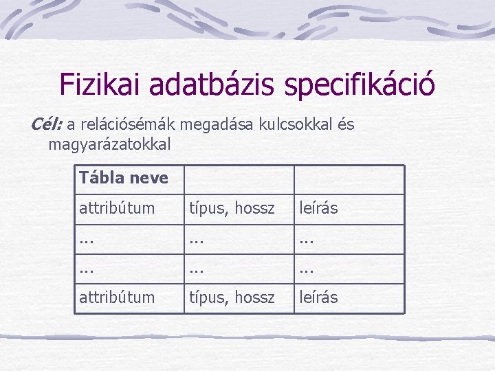 Fizikai adatbázis specifikáció Cél: a relációsémák megadása kulcsokkal és magyarázatokkal Tábla neve attribútum típus,