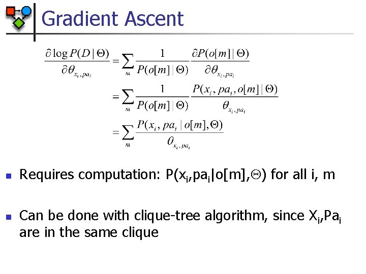 Gradient Ascent n n Requires computation: P(xi, pai|o[m], ) for all i, m Can