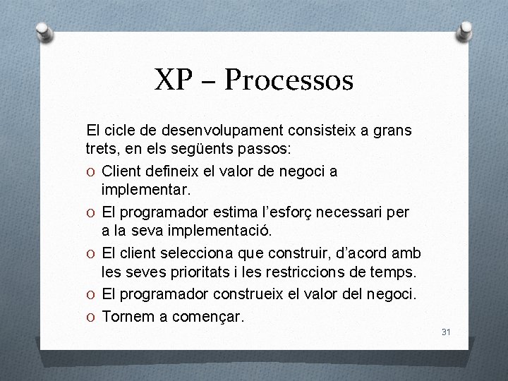 XP – Processos El cicle de desenvolupament consisteix a grans trets, en els següents