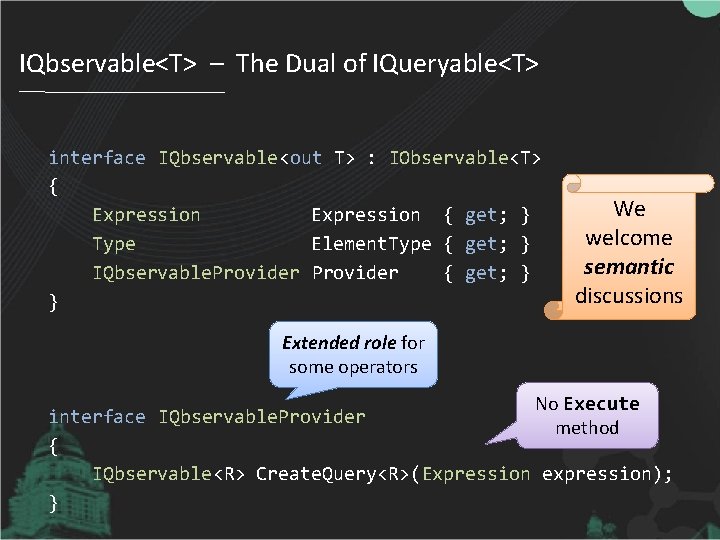 IQbservable<T> – The Dual of IQueryable<T> interface IQbservable<out T> : IObservable<T> { Expression {