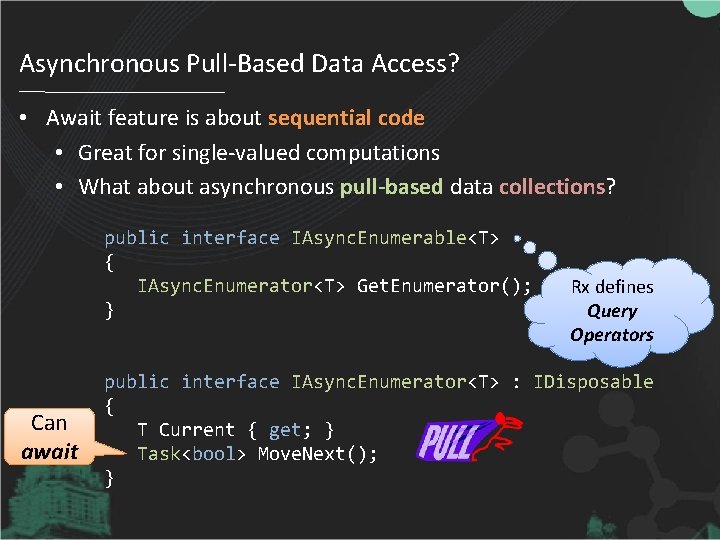 Asynchronous Pull-Based Data Access? • Await feature is about sequential code • Great for