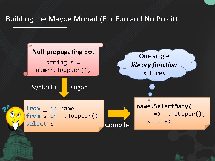 Building the Maybe Monad (For Fun and No Profit) Null-propagating dot One single library