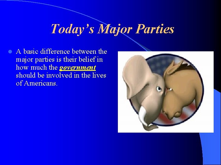 Today’s Major Parties l A basic difference between the major parties is their belief