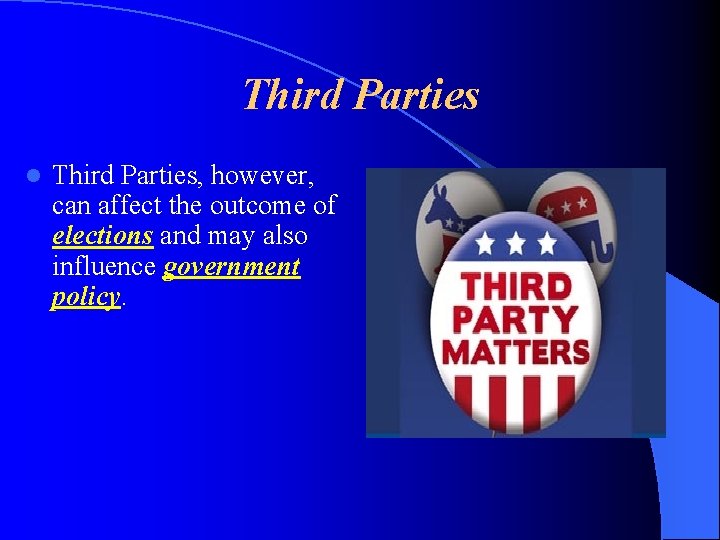 Third Parties l Third Parties, however, can affect the outcome of elections and may