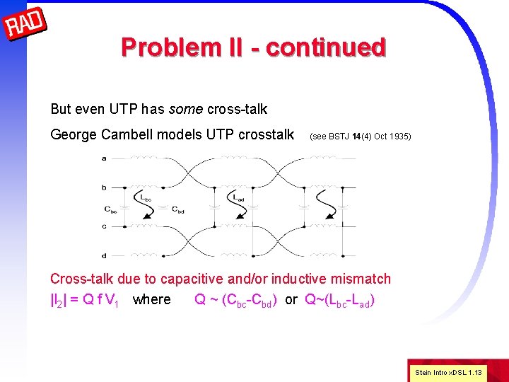 Problem II - continued But even UTP has some cross-talk George Cambell models UTP