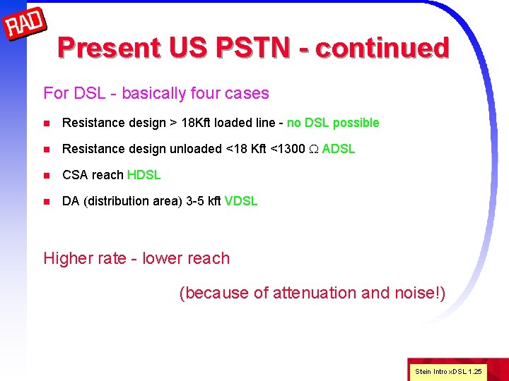 Present US PSTN - continued For DSL - basically four cases n Resistance design
