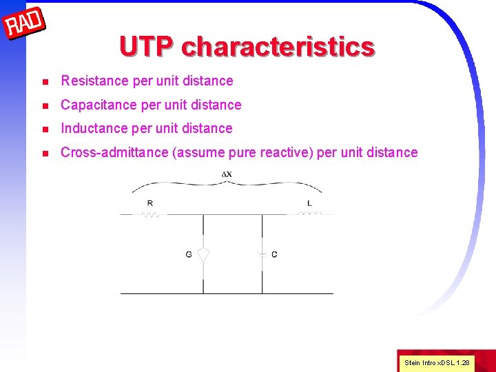 UTP characteristics n Resistance per unit distance n Capacitance per unit distance n Inductance