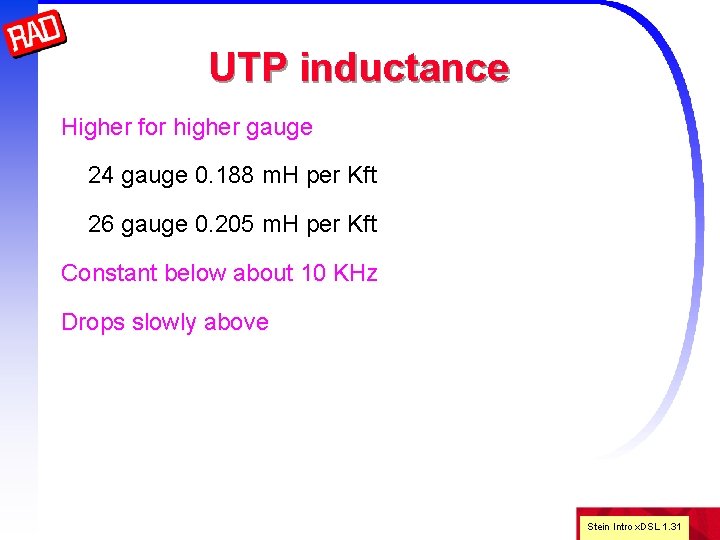 UTP inductance Higher for higher gauge 24 gauge 0. 188 m. H per Kft