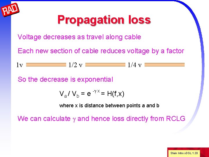 Propagation loss Voltage decreases as travel along cable Each new section of cable reduces