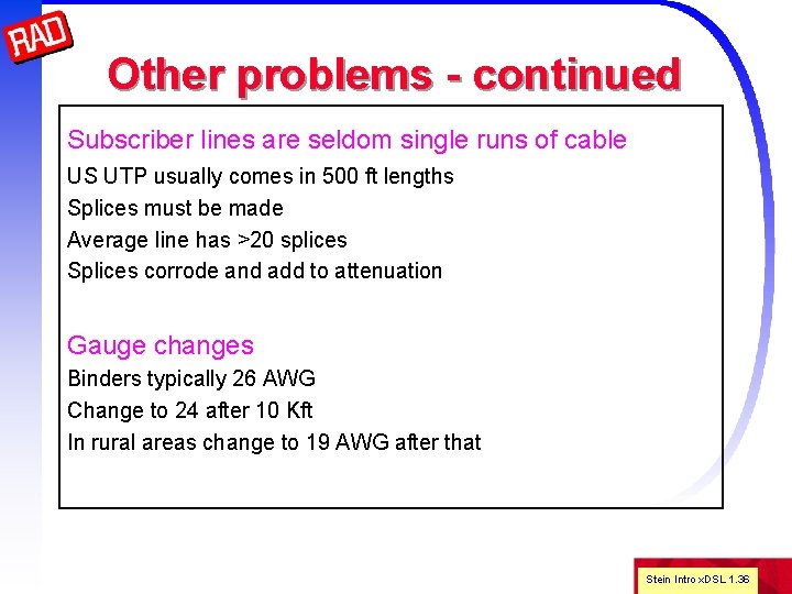 Other problems - continued Subscriber lines are seldom single runs of cable US UTP