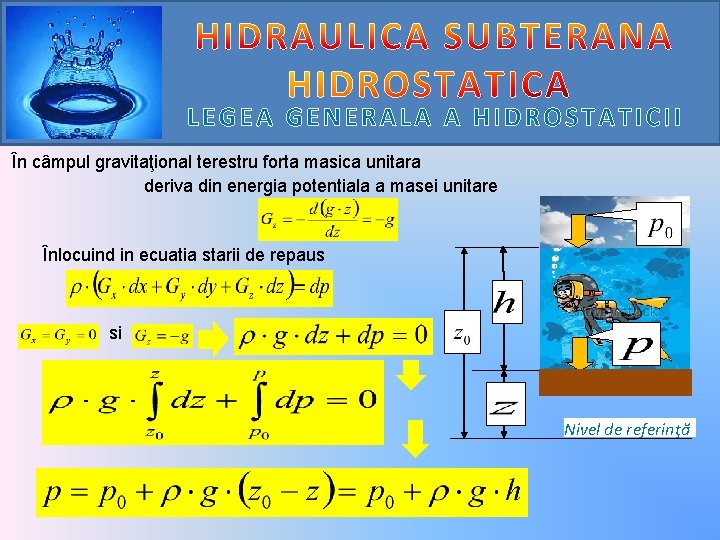 LEGEA GENERALA A HIDROSTATICII În câmpul gravitaţional terestru forta masica unitara deriva din energia