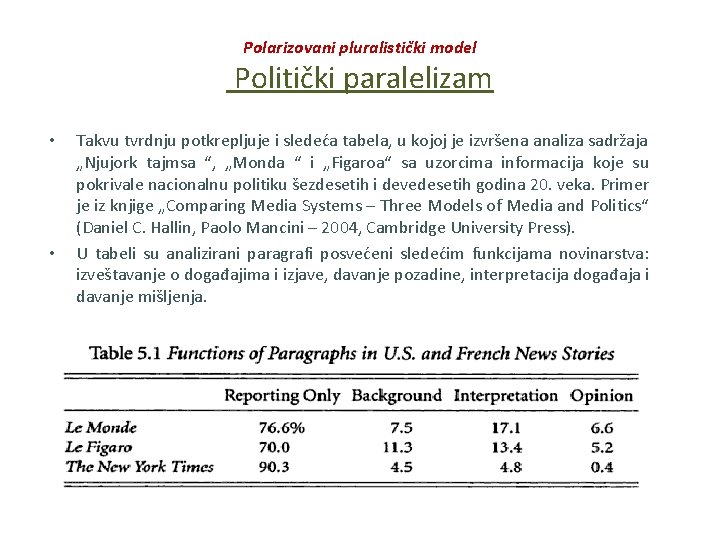 Polarizovani pluralistički model Politički paralelizam • • Takvu tvrdnju potkrepljuje i sledeća tabela, u