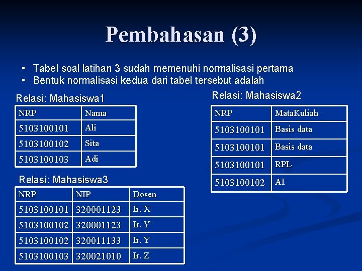 Pembahasan (3) • Tabel soal latihan 3 sudah memenuhi normalisasi pertama • Bentuk normalisasi