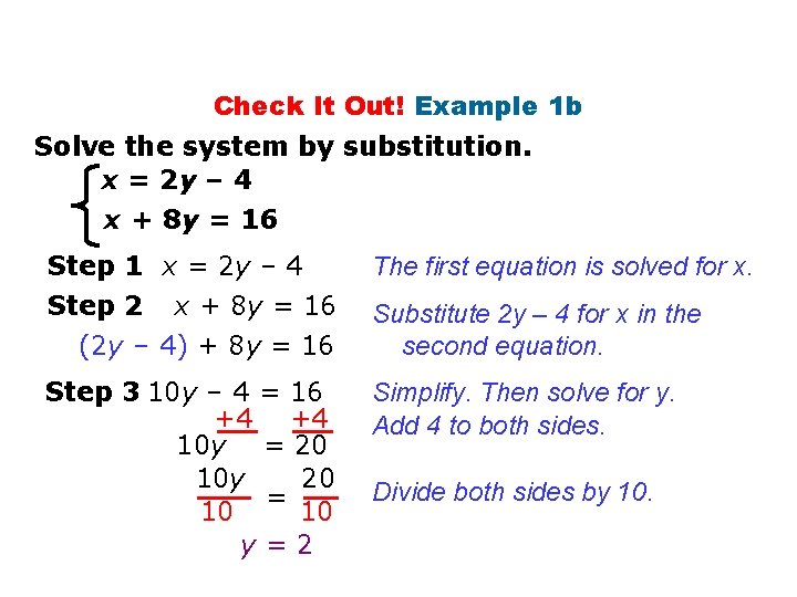 Check It Out! Example 1 b Solve the system by substitution. x = 2