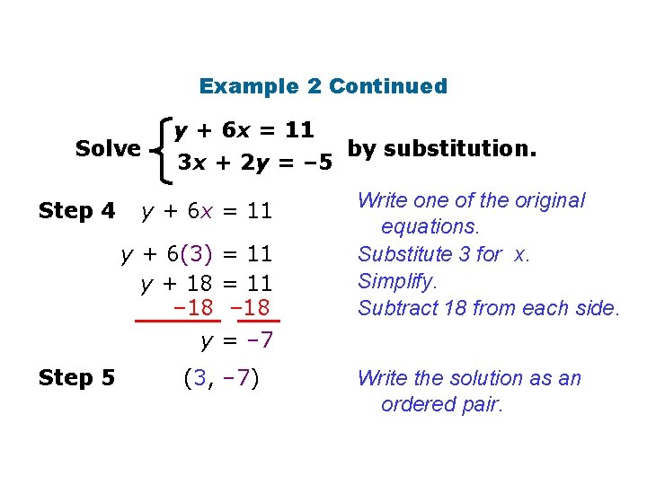 Example 2 Continued Solve Step 4 y + 6 x = 11 by substitution.