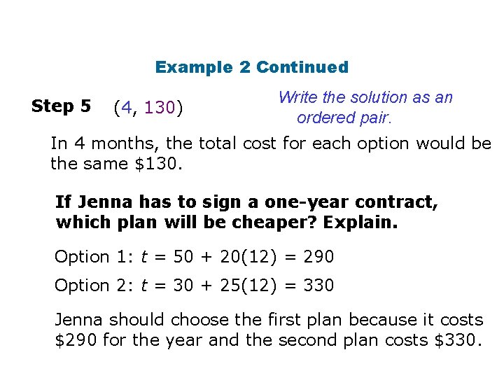Example 2 Continued Step 5 (4, 130) Write the solution as an ordered pair.